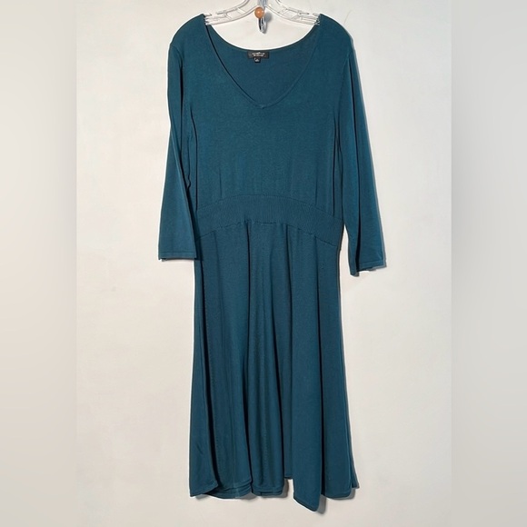 SPENCE Teal V-Neck 3/4 SLV Ribbed Waist Soft Scallop Hem Career Sweater Dress 1X - Picture 1 of 15